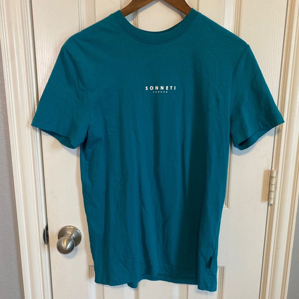 Sonneti London Mens Small‎ Teal Blue Graphic Logo Crew Neck Short Sleeve T-Shirt